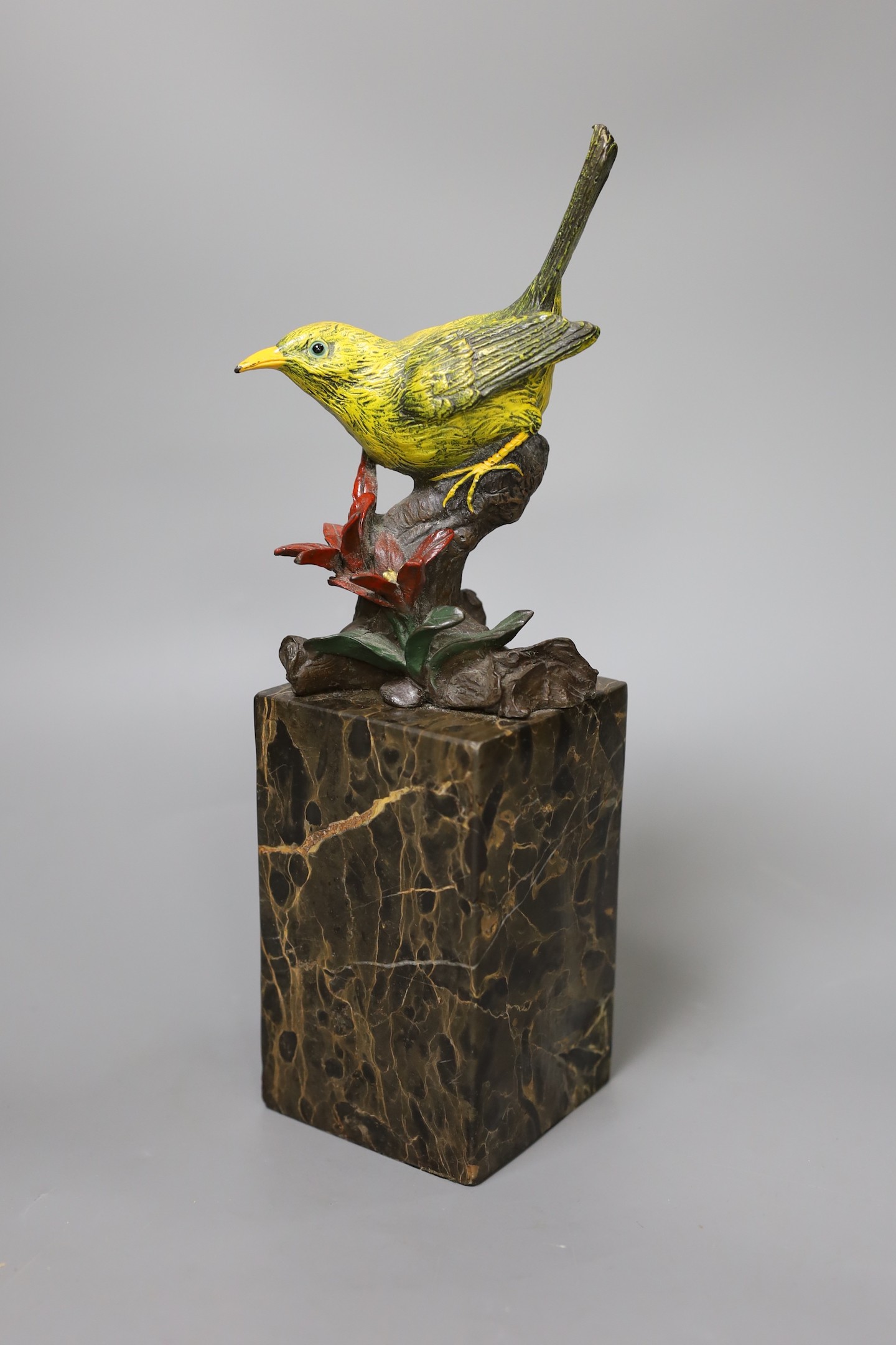Miguel Ferdinand Lopez (Milo), a 20th century cold painted bronze model of a yellow bird, on later marble base, 29cm